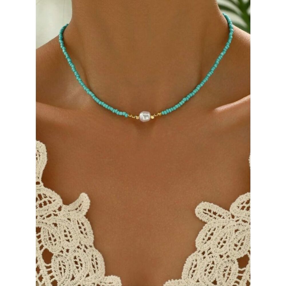 Free People Turquoise Beaded Necklace with Pearl Accent